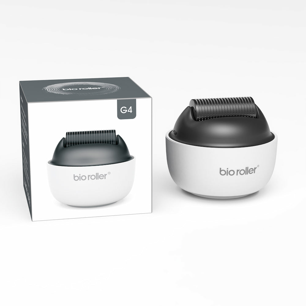 Bio Roller G4 microneedling-roller samen met de productverpakking, ontworpen voor gezichtsbehandeling, huidverjonging en verbeterde serumabsorptie.