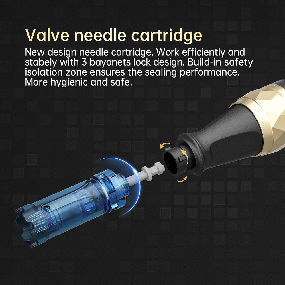 Dr. Pen A8S naaldcartridge met klepontwerp en driedubbele vergrendeling die veilige montage en hygiënisch gebruik bij micronaalding toont.