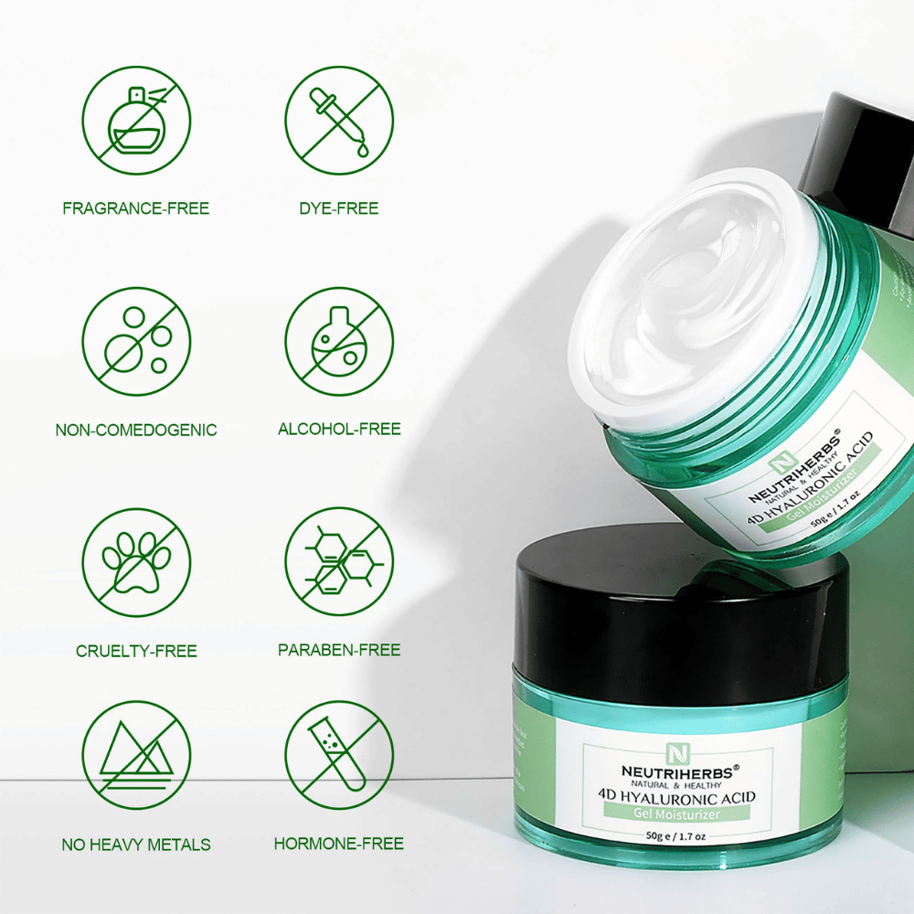 Neutriherbs 4D Hyaluronic Acid Gel Moisturizer 50 g met illustratie van de eigenschappen van het product. De gelcrème is parfumvrij, alcoholvrij, kleurstofvrij, niet-comedogeen, parabeenvrij en cruelty-free en bovendien vrij van zware metalen en hormonen, wat haar mild maakt voor alle huidtypen, ook de gevoelige huid.