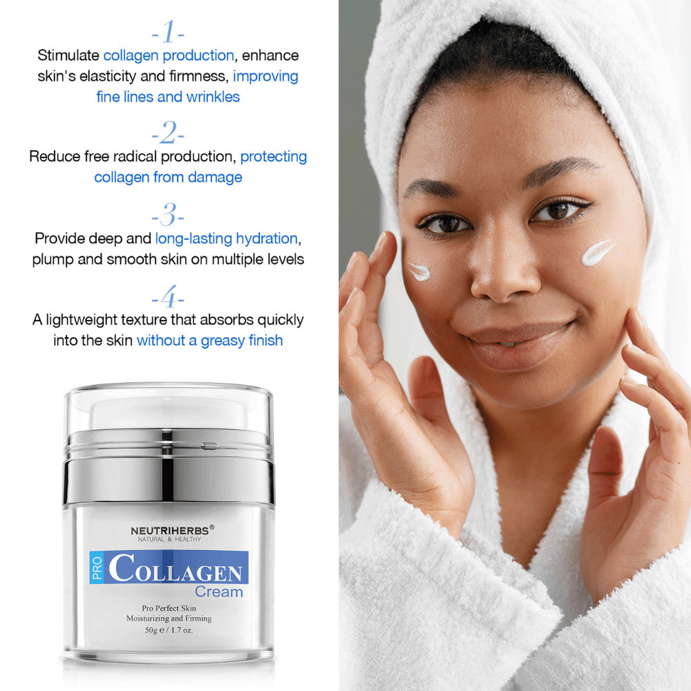 Neutriherbs Pro Collagen Cream 50 g hydraterende gezichtscrème met collageen. Afbeelding die laat zien hoe de crème op de huid wordt aangebracht en de eigenschappen van het product belicht: stimuleert de collageenproductie, draagt bij aan een stevigere huid, biedt langdurige hydratatie en wordt snel opgenomen zonder vet aan te voelen.