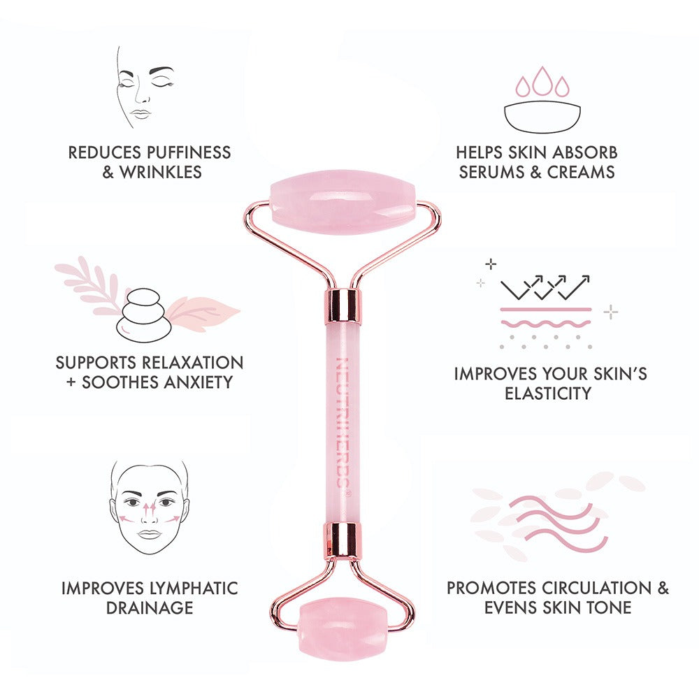 Neutriherbs roze kwartsroller voor gezichtsmassage die de dagelijkse huidverzorgingsroutine aanvult.