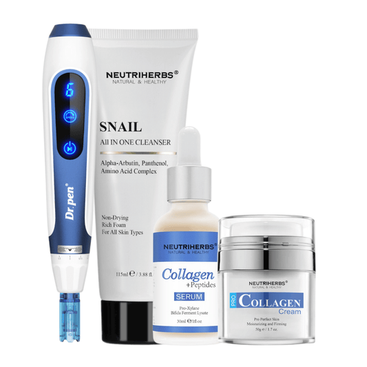 Anti-Age Kit met Dr. Pen A11, Neutriherbs Snail Cleanser, Collagen + Peptides Serum en Pro Collagen Cream.