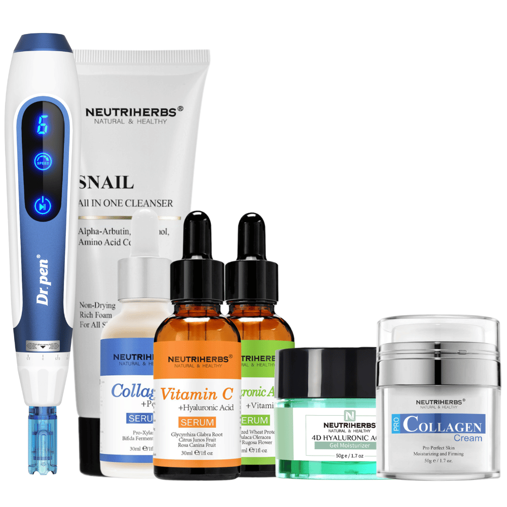 Complete Skin Renewal Kit met Dr. Pen A11, Neutriherbs Snail Cleanser, drie serums, 4D Hyaluronic Acid Gel Moisturizer en Pro Collagen Cream.