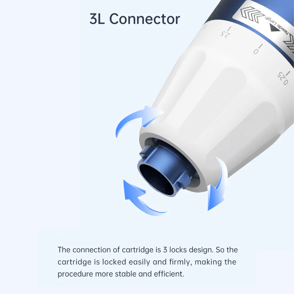 Close-up van 3L Connector – het slotsysteem dat ervoor zorgt dat de naaldpatroon op Dr. Pen A11 stabiel en veilig vast blijft zitten tijdens de behandeling.