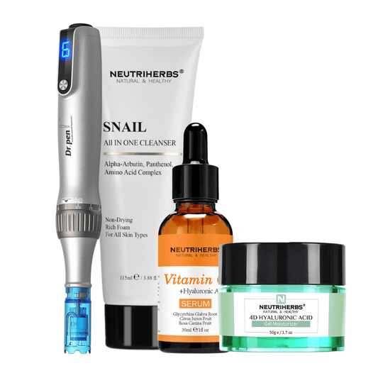 Glow & Brightening Kit met Dr. Pen M8S, Neutriherbs Snail Cleanser, Vitamin C Serum en 4D Hyaluronic Acid Gel Moisturizer.