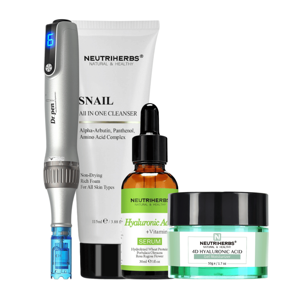 Microneedling Starter Kit met Dr. Pen M8S, Neutriherbs Snail Cleanser, Hyaluronic Acid Serum en 4D Hyaluronic Acid Gel Moisturizer.