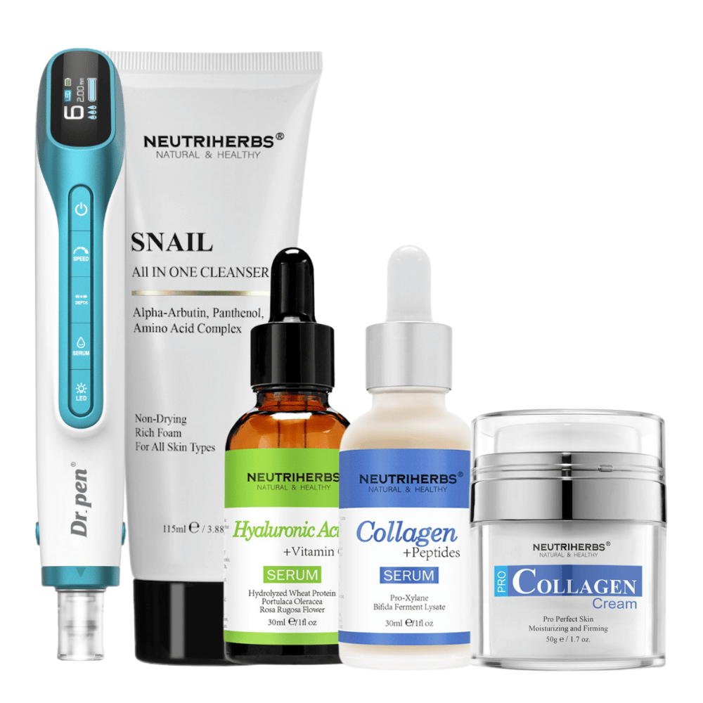 Premium Anti-Aging Kit met Dr. Pen H6, reiniging, hyaluronzuurserum, collageenserum en collageencrème.