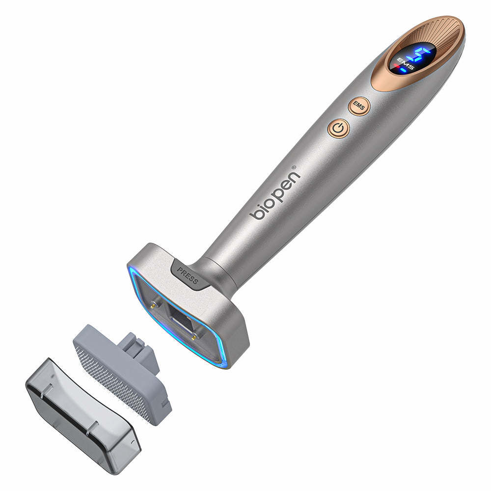 Bio Pen Bio 6 med löstagbart microneedling-huvud och EMS-funktion, visad med utbytbara tillbehör för avancerad hudbehandling och förbättrad absorption.