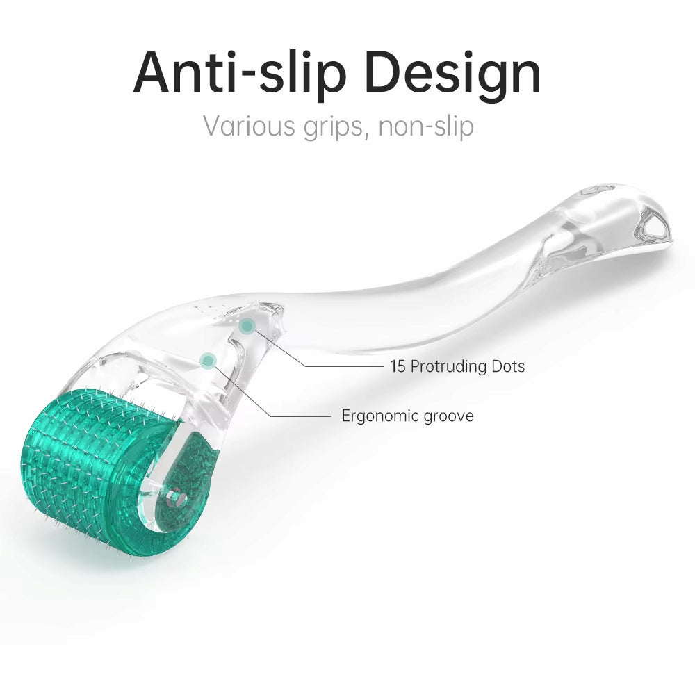 Dermaroller DRS 192 met anti-slip ontwerp, ergonomisch handvat en 15 grip punten voor stabiele en veilige microneedlingbehandeling.