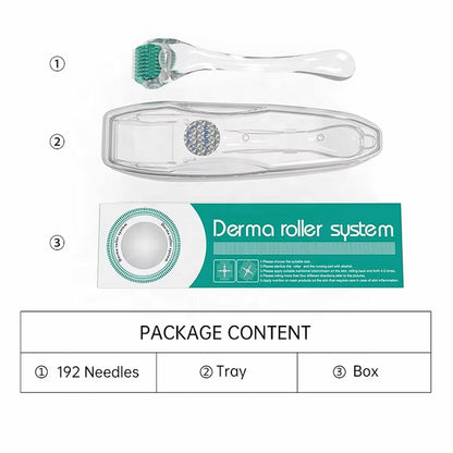 Dermaroller DRS 192 toont de inhoud van de verpakking: dermaroller, beschermtray en doos.