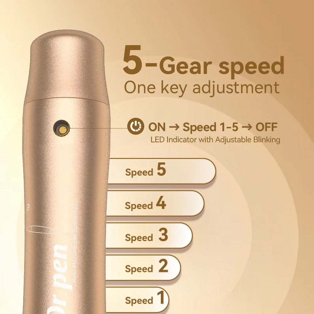 Illustratie van Dr Pen M5 in goud die 5-staps snelheidsaanpassing met één knop toont, evenals een LED-indicator die anders knippert afhankelijk van de snelheidsniveau van 1 tot 5.