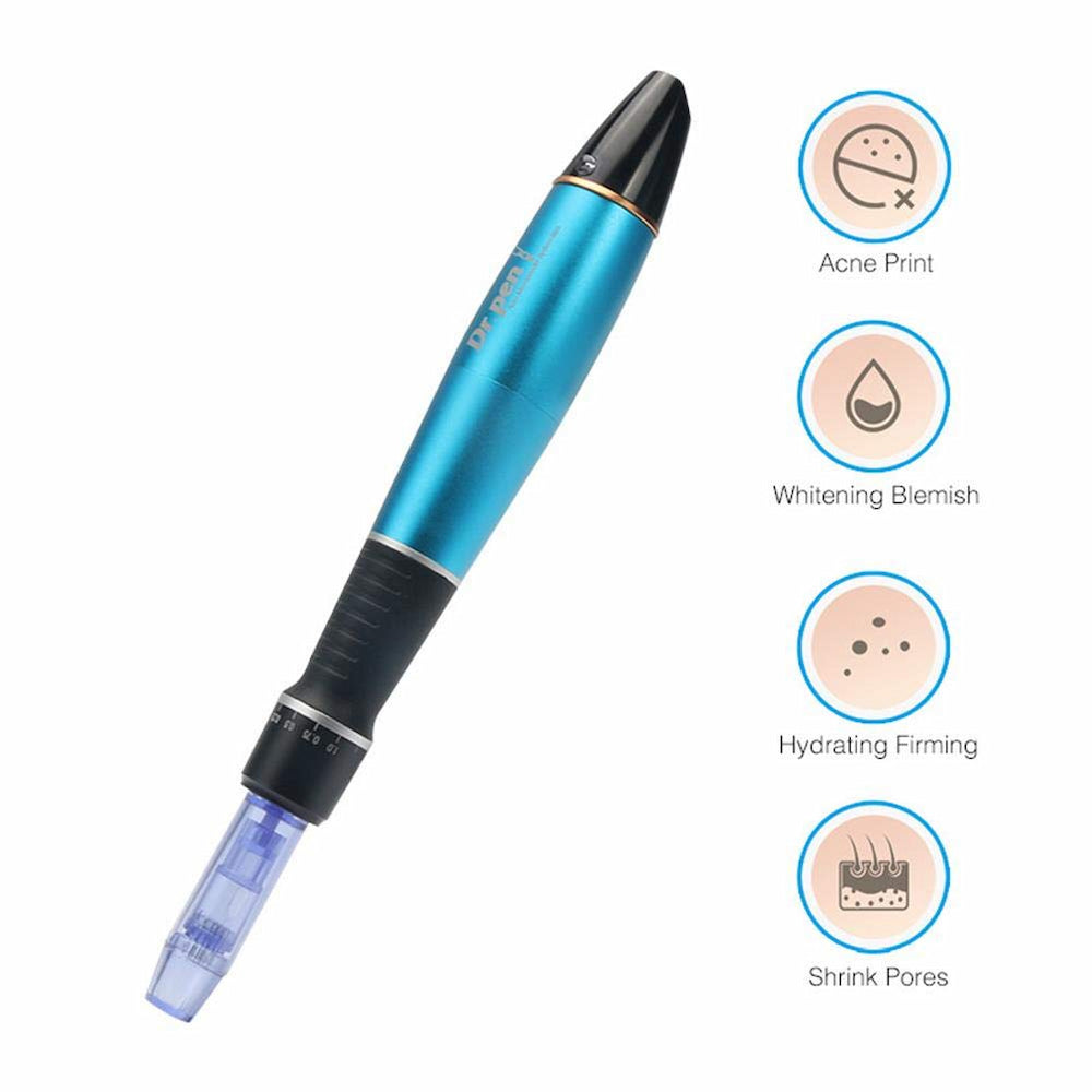 Dr. Pen A1 blauwe microneedling-pen die behandelingsresultaten toont zoals verminderde acnelittekens, lichtere huidtint, verhoogde hydratatie en verkleinde poriën.