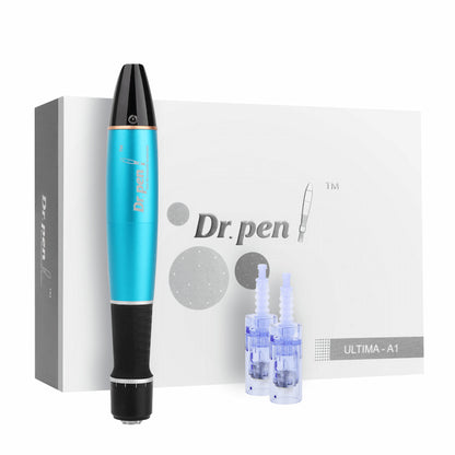 Dr. Pen Ultima A1 microneedling-pen in blauw met twee steriele naaldkoppen en originele verpakking – professioneel microneedling-kit voor huidverjonging.