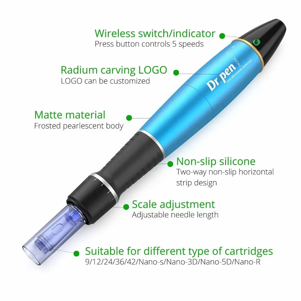 Dr. Pen A1 blauwe microneedling-pen met vijf snelheden, antislip siliconenhandvat, verstelbare naaldlengte en compatibiliteit met meerdere naaldpatronen.