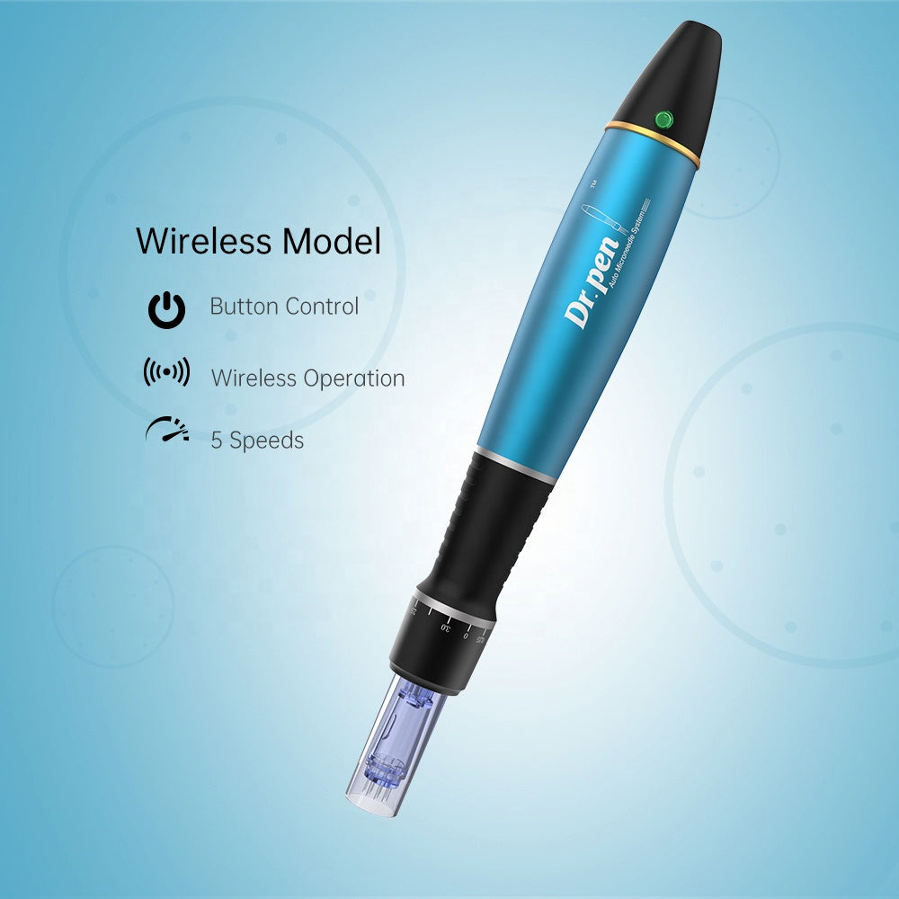 Dr. Pen A1 draadloze microneedling-pen met knopbediening, draadloze werking en vijf instelbare snelheden voor professionele huidbehandeling.