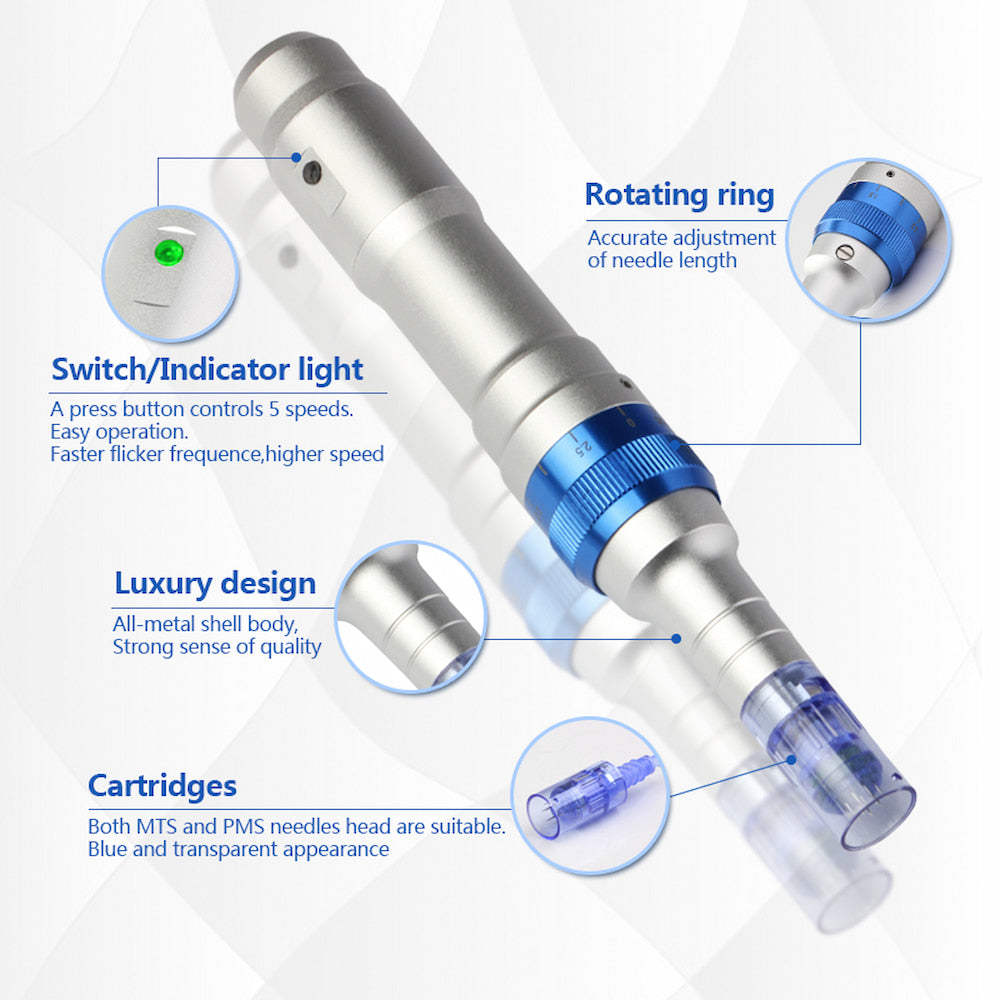 Overzichtsbeeld van Dr. Pen A6 die functies toont zoals indicatorlamp, vijf snelheidsmodi, draaiende ring voor nauwkeurige naalddiepteaanpassing, metalen behuizing in luxueus ontwerp en compatibele blauwe naaldpatronen.