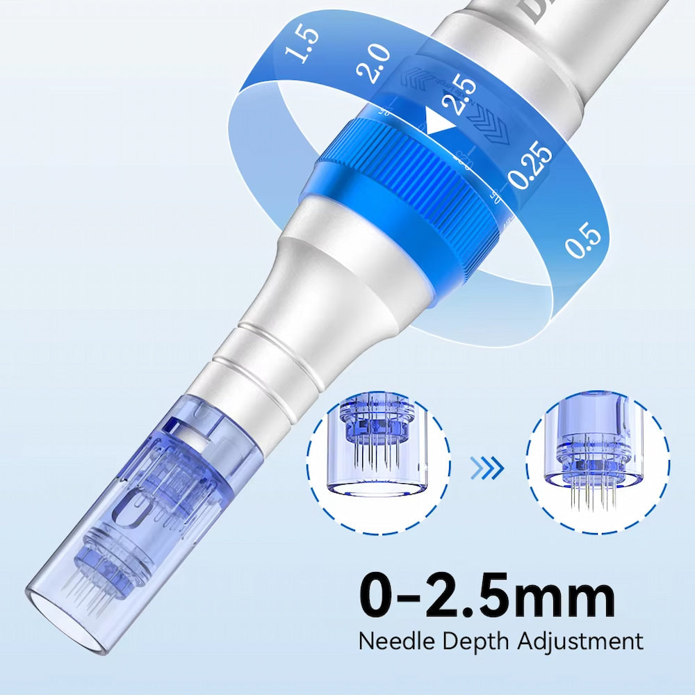 Dr. Pen A6 met blauwe naaldpatroon die verstelbare naalddiepte van 0 tot 2,5 mm toont voor aangepaste micronaaldbehandeling.