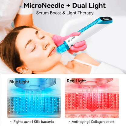 Dr. Pen H6 microneedlingpen met rood en blauw LED-licht voor huidbehandeling.