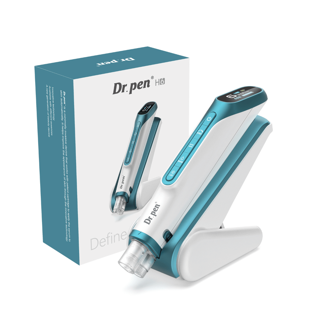 Dr. Pen H6 microneedlingpen met digitaal display, bijbehorende standaard en originele verpakking.