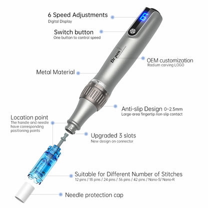 Dr. Pen microneedling-pen met digitaal snelheidsdisplay, naaldmodule, anti-slip ontwerp en verstelbare naalddiepte tot 2,5 mm.