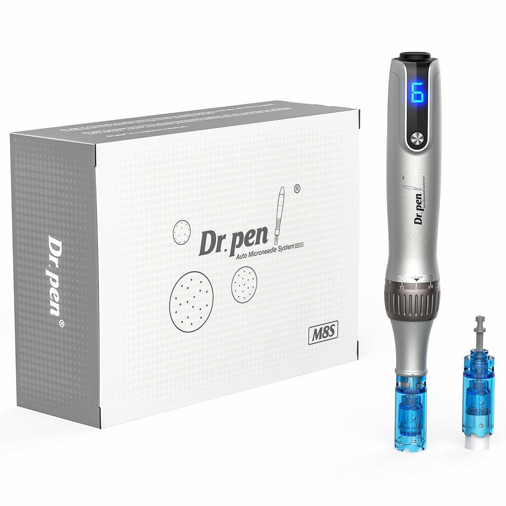 Dr. Pen M8S microneedling-pen met LED-display, verwisselbare naaldpatronen en complete verpakking – professioneel kit voor geavanceerde huidbehandeling.