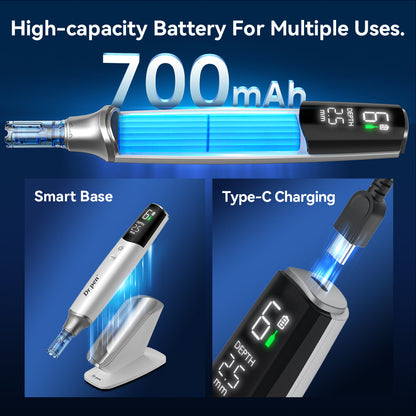 Dr. Pen M9 met krachtige 700mAh-batterij, USB-C-opladen en slim laadstation voor draadloze microneedling en lange gebruiksduur.