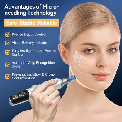 Dr. Pen M9 dermapen met geavanceerde microneedling-technologie, verstelbare naalddiepte en anti-backflow naaldcartridge voor veilige huidbehandeling.