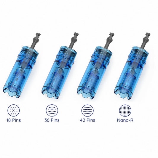 Naaldcartridges voor Dr. Pen M9 voor microneedling, inclusief 18-pin, 36-pin, 42-pin en Nano-R voor verschillende huidbehandelingen en huidtypes.