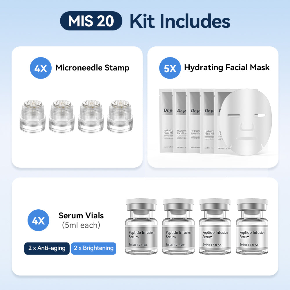 Dr. Pen MIS20 Micro-Infusion Kit met vier microneedle stamps, vijf hydraterende gezichtsmaskers en vier serumflesjes van 5 ml – twee anti-age-serums en twee serums voor een egalere en stralendere huid.