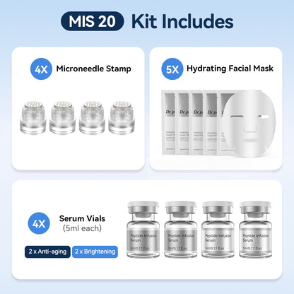Dr. Pen MIS20 Micro-Infusion Kit met vier microneedle stamps, vijf hydraterende gezichtsmaskers en vier serumflesjes van 5 ml – twee anti-age-serums en twee serums voor een egalere en stralendere huid.