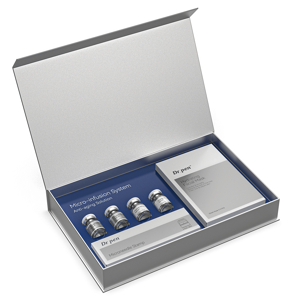Dr. Pen MIS20 Micro-Infusion System in open verpakking met vier peptide infusion serum, microneedle stamp en hydraterende gezichtsmaskers voor micro-infusie en huidverzorging thuis.