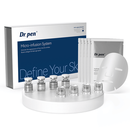 Dr. Pen MIS20 Micro-Infusion System complete huidverzorgingskit met peptide infusion serum, micro-infusie-applicators en hydraterende gezichtsmaskers voor de behandeling van fijne lijntjes, een ongelijkmatige huidtoon en een doffe huid.