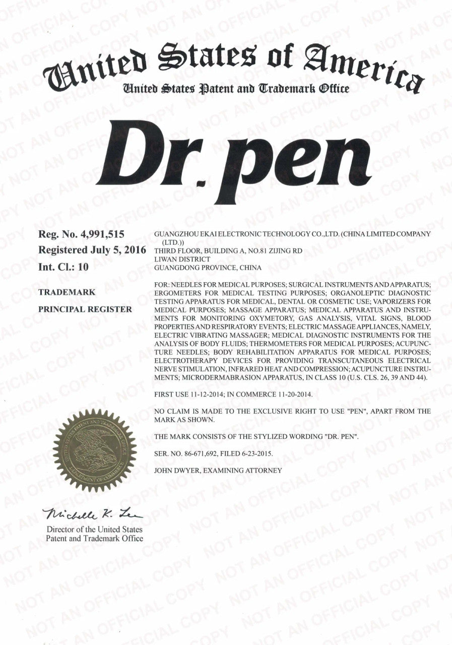 Officieel certificaat van het United States Patent and Trademark Office dat de registratie van het merk Dr. Pen toont.