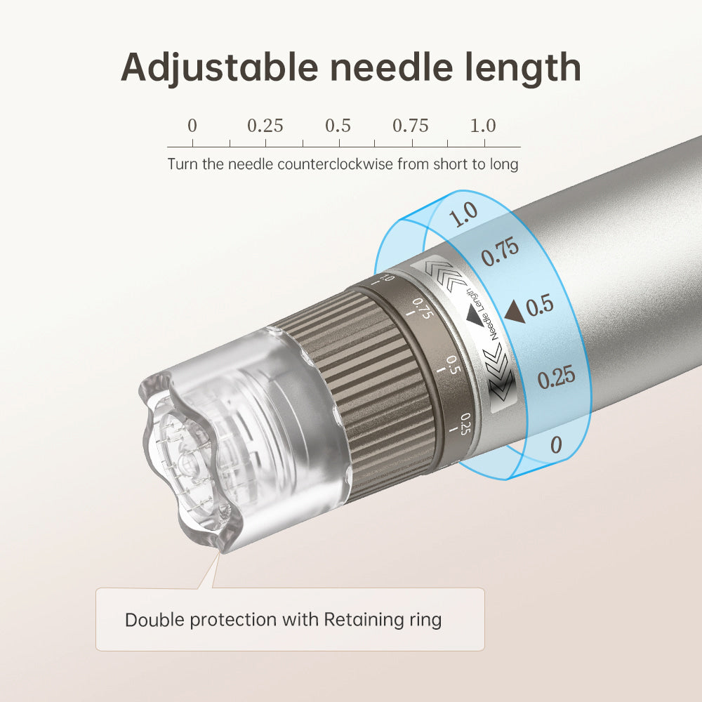 HydraPen h3 met verstelbare naalddiepte van 0 tot 1,0 mm en dubbele bescherming met veiligheidsring voor precieze en veilige microneedling.