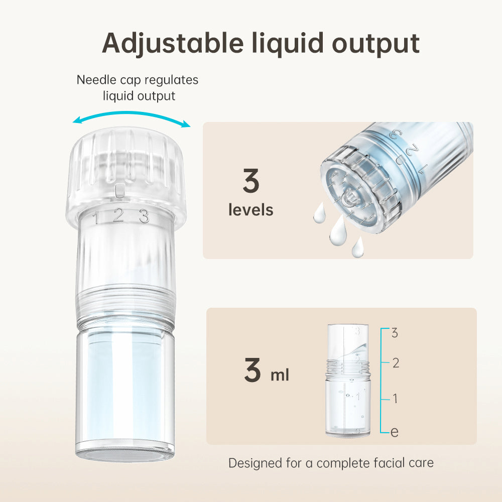 HydraPen H3 naaldkop met instelbare vloeistofdosering in drie niveaus en 3 ml reservoir voor een nauwkeurige en complete gezichtsbehandeling.