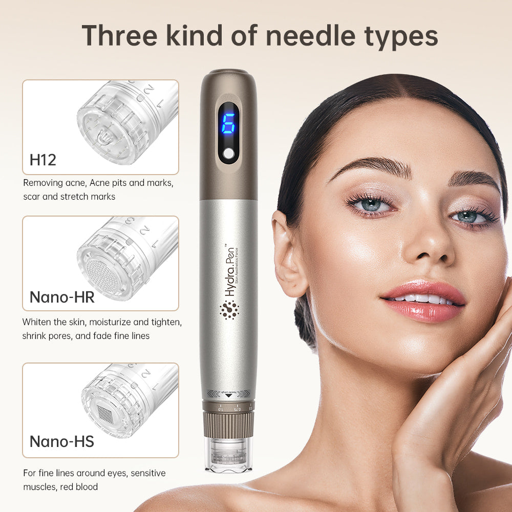 HydraPen H3 met drie verschillende naaldtypen – H12 voor littekens en acne, Nano-HR voor huidvernieuwing en poriënverkleining, en Nano-HS voor gevoelige gebieden rond de ogen.