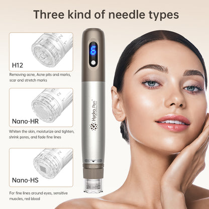 HydraPen H3 met drie verschillende naaldtypen – H12 voor littekens en acne, Nano-HR voor huidvernieuwing en poriënverkleining, en Nano-HS voor gevoelige gebieden rond de ogen.