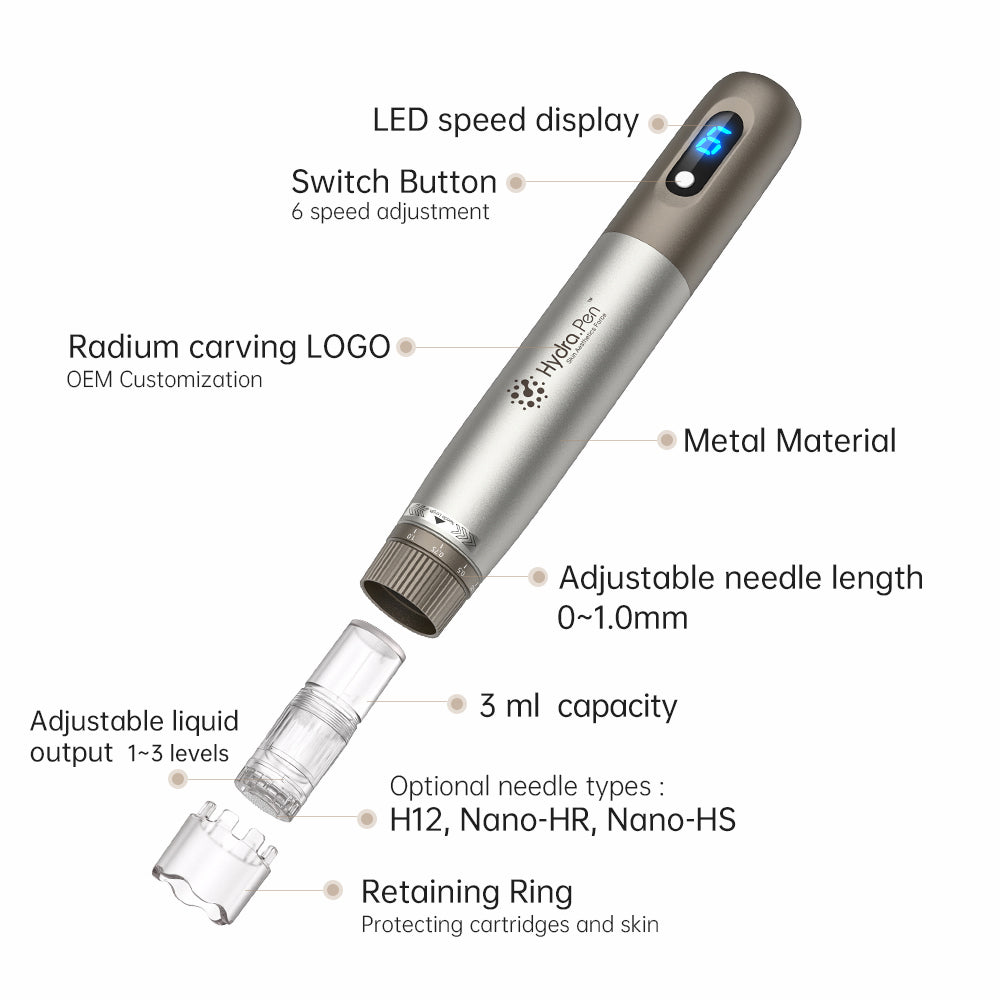 HydraPen h3 met LED-snelheidsdisplay, 6 snelheden, verstelbare naalddiepte 0-1,0 mm, 3 ml vloeistofreservoir, instelbare vloeistofuitlaat en compatibele naaldtypen H12, Nano-HR en Nano-HS.