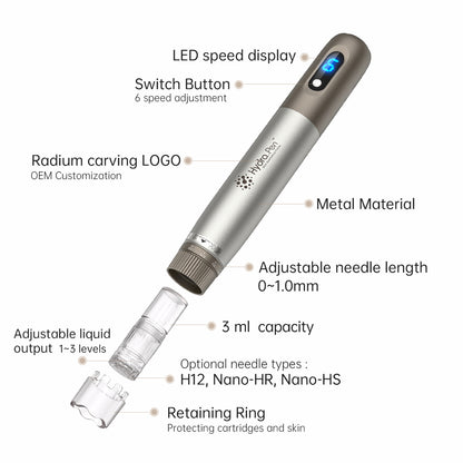 HydraPen h3 met LED-snelheidsdisplay, 6 snelheden, verstelbare naalddiepte 0-1,0 mm, 3 ml vloeistofreservoir, instelbare vloeistofuitlaat en compatibele naaldtypen H12, Nano-HR en Nano-HS.