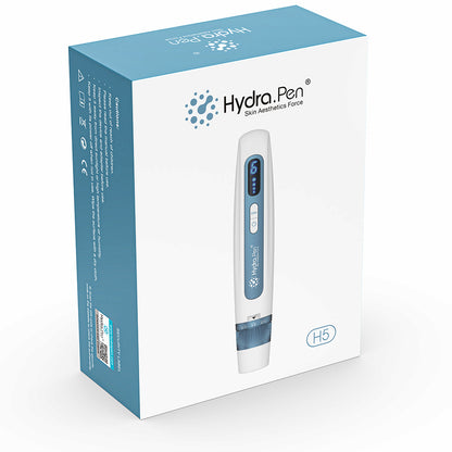 HydraPen H5 förpackning som visar den vita och blå microneedling-pennan för seruminfusion och avancerad hudbehandling.