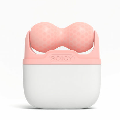 Ice Roller Soicy S30 in roze – verkoelende gezichtroller in opbergkoffer gezien van voren, ideaal om zwelling te verminderen en een verstevigend effect te geven.