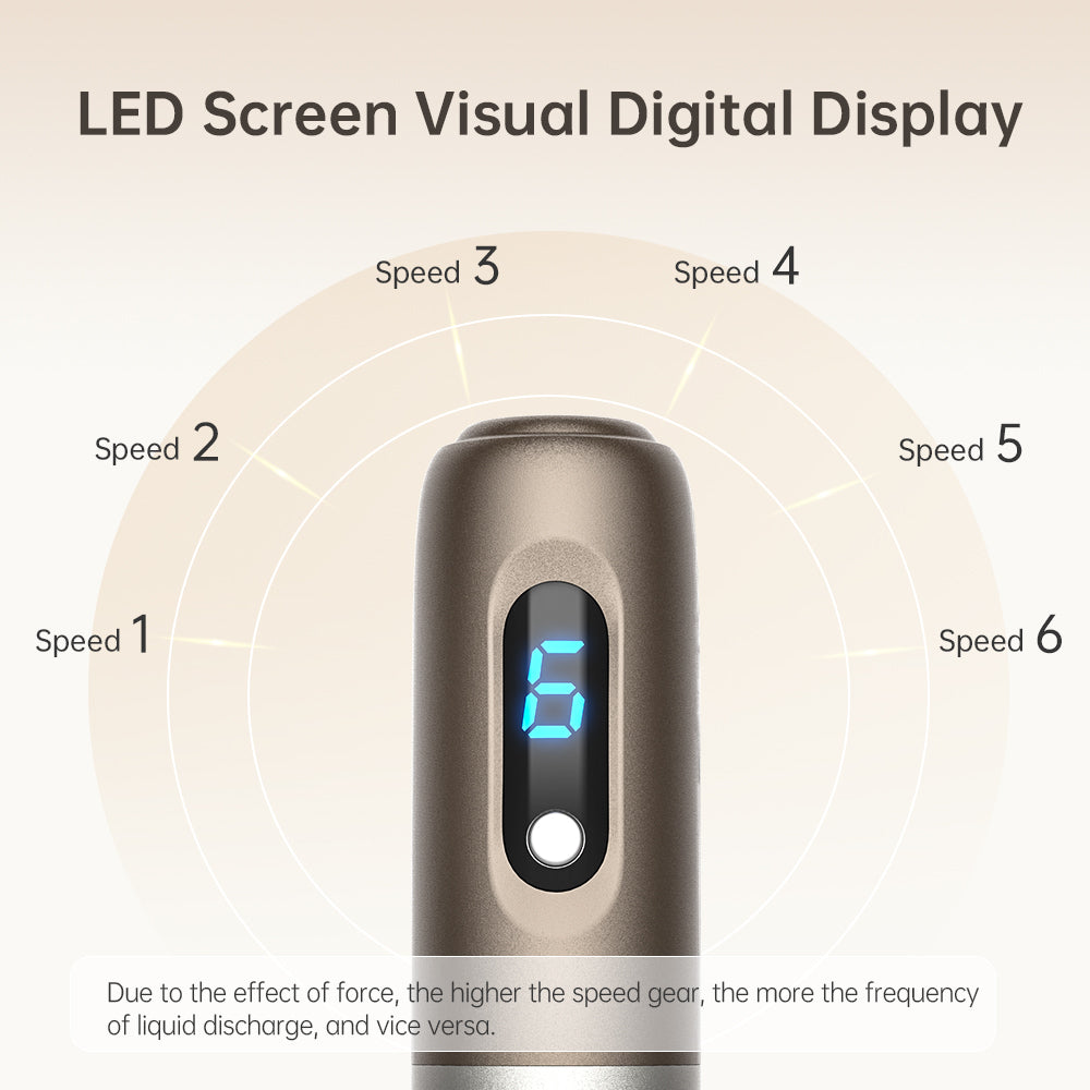 Close-up van een microneedling-handvat dat een blauw LED-display toont met snelheidsniveau 6, omgeven door grafische markeringen voor snelheid 1 tot 6 en tekst over hoe hogere snelheid snellere vloeistofstroom geeft.