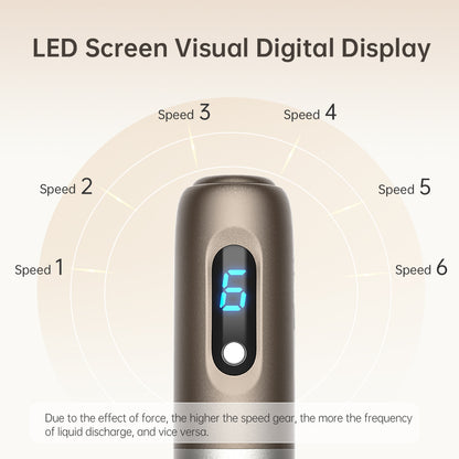 Close-up van een microneedling-handvat dat een blauw LED-display toont met snelheidsniveau 6, omgeven door grafische markeringen voor snelheid 1 tot 6 en tekst over hoe hogere snelheid snellere vloeistofstroom geeft.