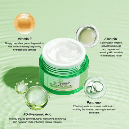 Neutriherbs 4D Hyaluronic Acid Gel Moisturizer 50 g met illustratie van actieve ingrediënten. De crème bevat 4D-hyaluronzuur voor langdurige hydratatie en vitamine E, panthenol en allantoïne die helpen de huid te hydrateren, te kalmeren en de beschermende huidbarrière te versterken.