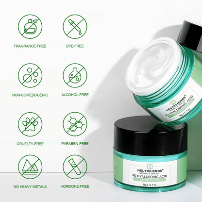 Neutriherbs 4D Hyaluronic Acid Gel Moisturizer 50 g met illustratie van de eigenschappen van het product. De gelcrème is parfumvrij, alcoholvrij, kleurstofvrij, niet-comedogeen, parabeenvrij en cruelty-free en bovendien vrij van zware metalen en hormonen, wat haar mild maakt voor alle huidtypen, ook de gevoelige huid.