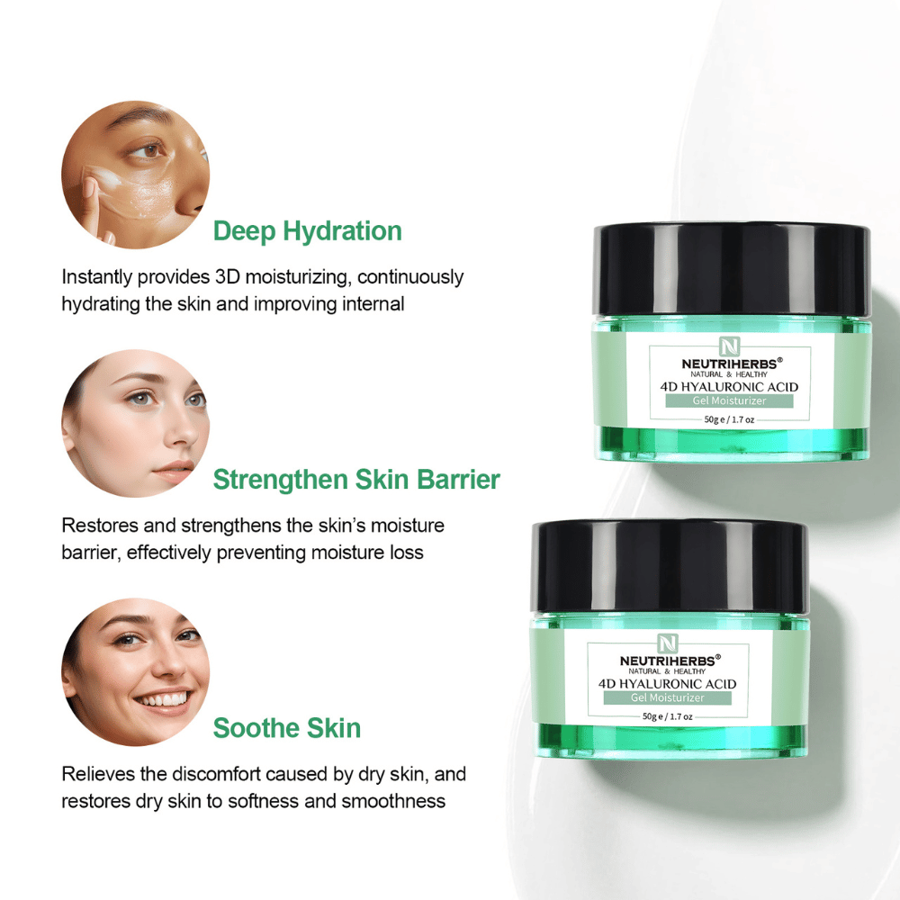 Neutriherbs 4D Hyaluronic Acid Gel Moisturizer 50 g met illustratie van de belangrijkste voordelen van het product. De gelcrème geeft intensieve hydratatie, helpt de beschermende huidbarrière te versterken en kalmeert droge en gevoelige huid voor een zachter en soepeler huidgevoel.