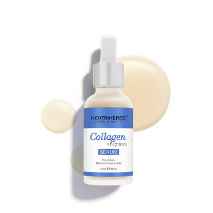 Neutriherbs Collagen + Peptides Serum 30 ml tegen een witte achtergrond met decoratieve collageenbubbels. Hydraterend en verstevigend gezichtsserum dat helpt de elasticiteit van de huid te verbeteren en zichtbare fijne lijntjes te verminderen.