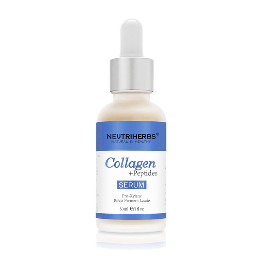 Neutriherbs Collagen + Peptides Serum 30 ml met collageen en peptiden. Verstevigend gezichtsserum dat de elasticiteit van de huid verbetert, intens hydrateert en helpt fijne lijntjes en tekenen van veroudering te verminderen.