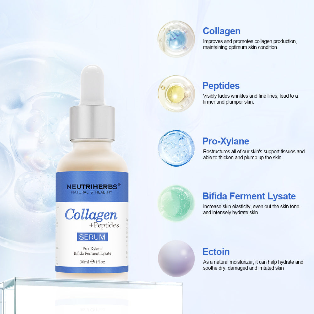 Illustratie van de belangrijkste ingrediënten in Neutriherbs Collagen + Peptides Serum 30 ml. Toont collageen, peptiden, Pro-Xylane, Bifida Ferment Lysate en ectoïne – ingrediënten die helpen de huid te hydrateren, de elasticiteit te verbeteren en zichtbare fijne lijntjes te verminderen.