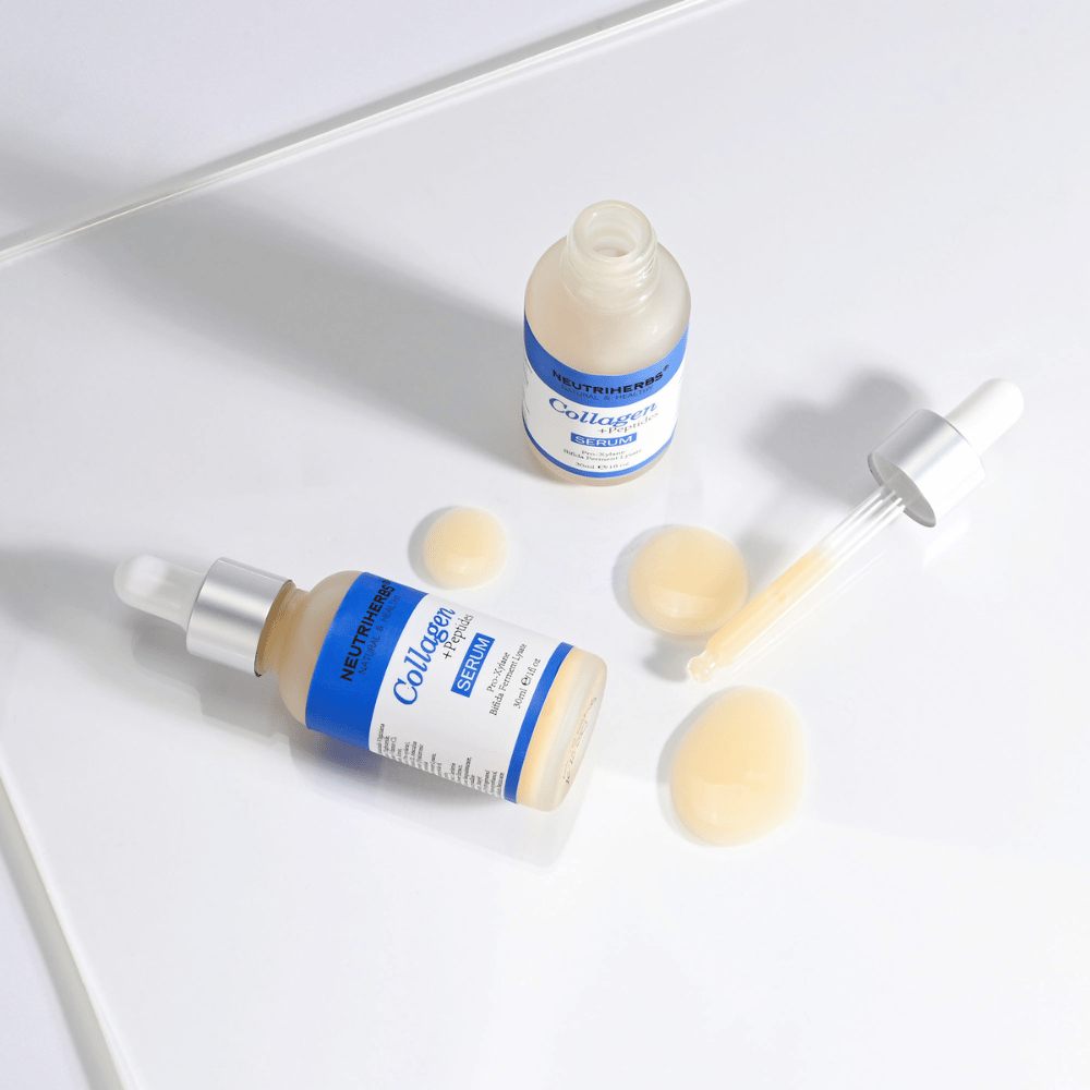 Neutriherbs Collagen + Peptides Serum 30 ml met open flesje, pipet en serumtextuur. Close-up die de zijdezachte textuur en de praktische pipetapplicator voor nauwkeurige dosering toont.